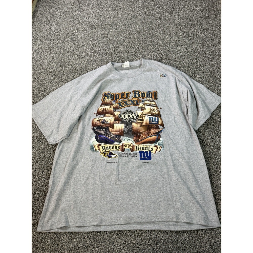 Vintage 2001 Ravens VS Giants Super Bowl T Shirt Men's Size XL Gray